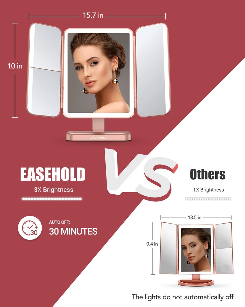 EASEHOLD Rechargable Makeup Mirror Vanity Mirror with Lights, 5000Mah & USB Cable, 112 LEDs Lighted Trifold Mirror with 1X 2X 3X 10X Magnification, Smart Touch, Portable Cosmetic Beauty Mirror - Image 3